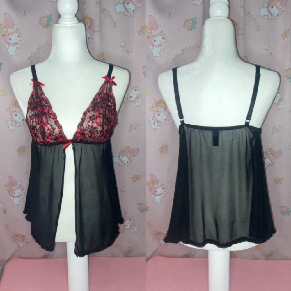 Daisy Fuentes Black Mesh Top with Red Hearts